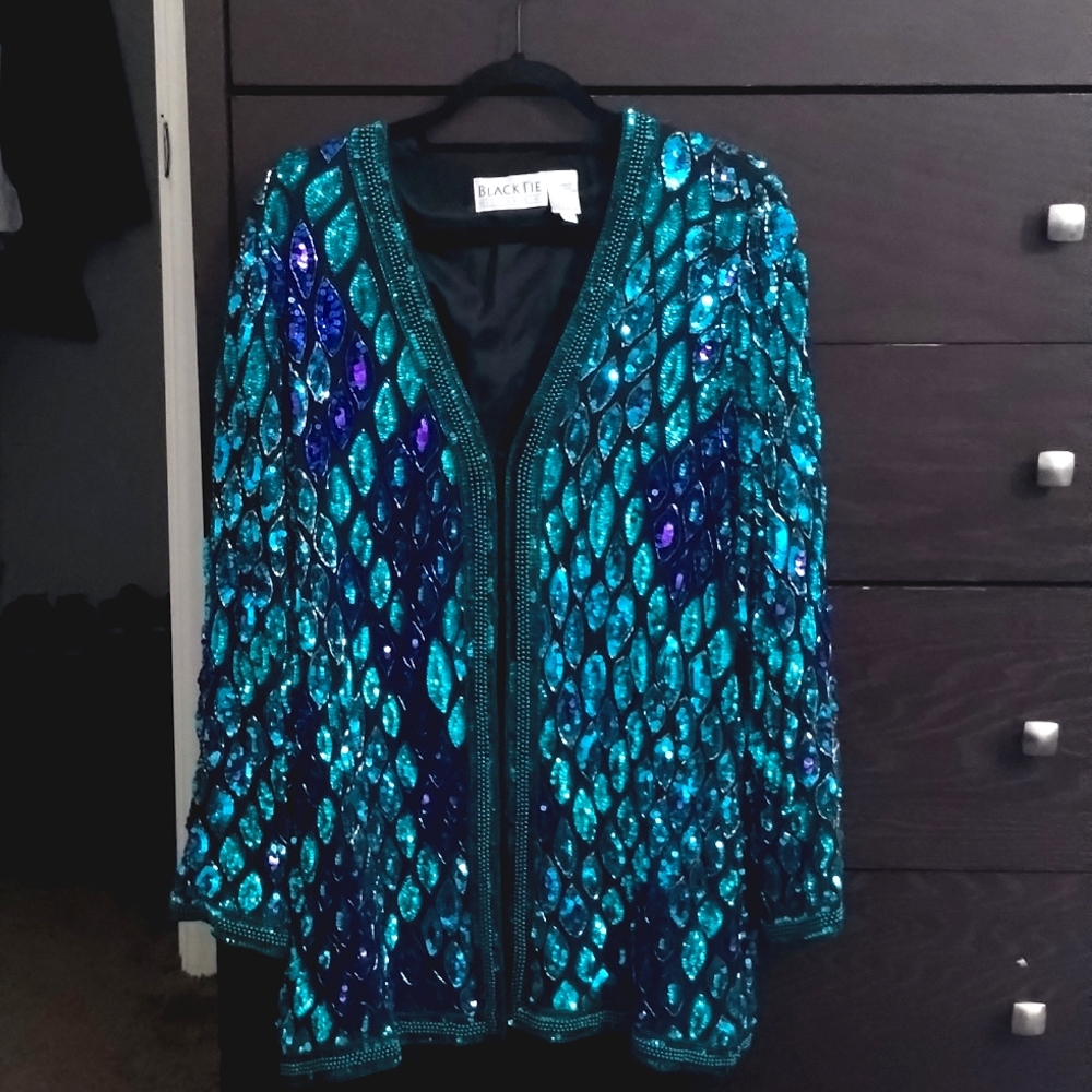 Black Tie Oleg Cassini Beaded Jacket, Large